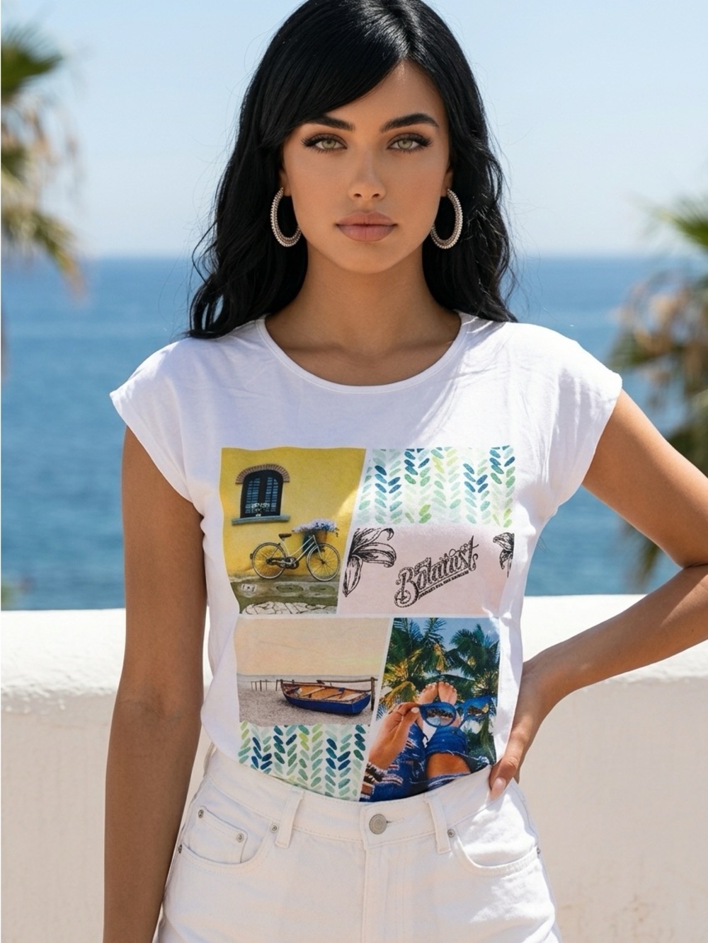 NWT WoWo Women’s White Cap Sleeve Graphic Tee Shirt with Crystal Accents- Size S
